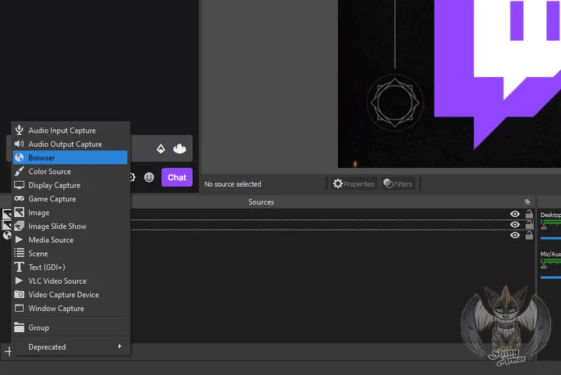 OBS Studio Sources dock with Browser selected while adding a browser source for Shiny Streaming Services