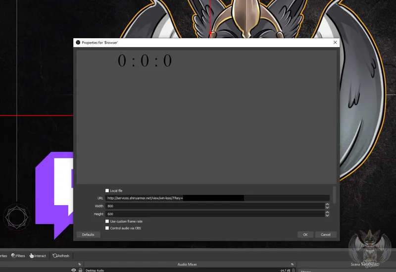 OBS Studio browser source properties showing the Display URL field for a Shiny Streaming Services overlay